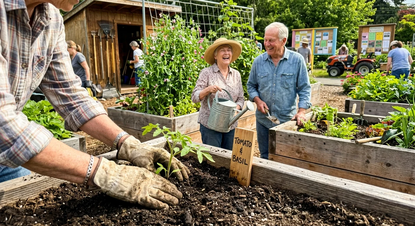Older adults smile and garden together around wooden raised planting beds filled with soil, vegetables, and flowers.