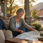 Senior couple sits on a wooden porch bench looking at a map together, overlooking a small mountain town street at sunset.