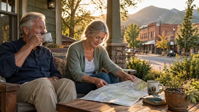 Senior couple sits on a wooden porch bench looking at a map together, overlooking a small mountain town street at sunset.