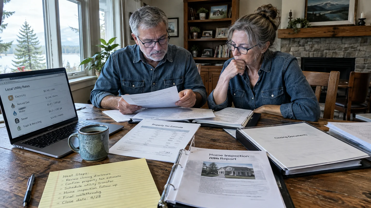 Man and woman reviewing closing documents, a property tax estimate, and utility rates on a laptop at a table.