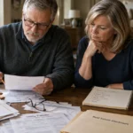 Older couple reviewing tax returns and moving paperwork at a table with cardboard boxes stacked behind them.
