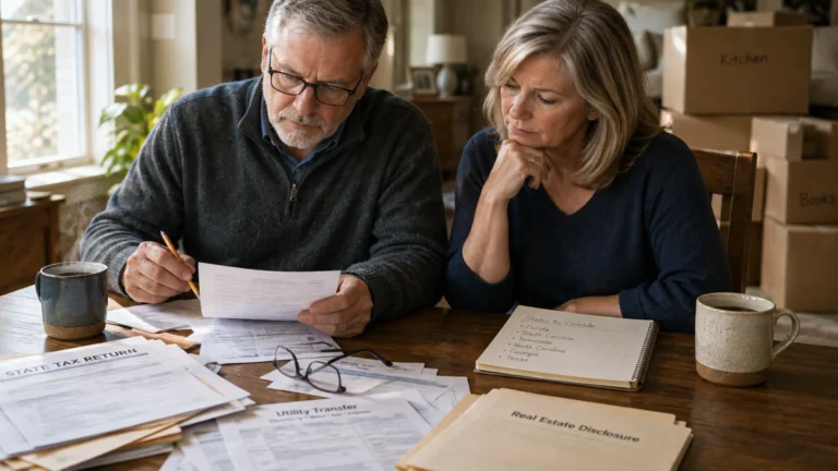 Older couple reviewing tax returns and moving paperwork at a table with cardboard boxes stacked behind them.