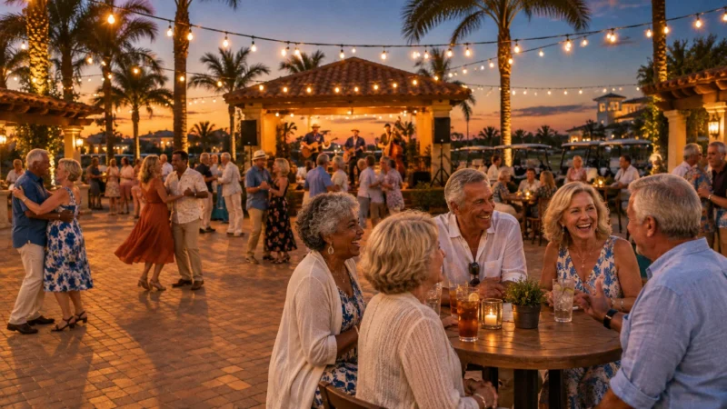 Older adults dancing and sitting at tables in an outdoor courtyard with string lights during an evening concert.