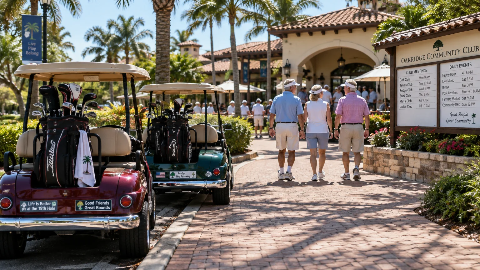 Three seniors walk past parked golf carts toward a clubhouse beside an activities schedule board under palm trees.