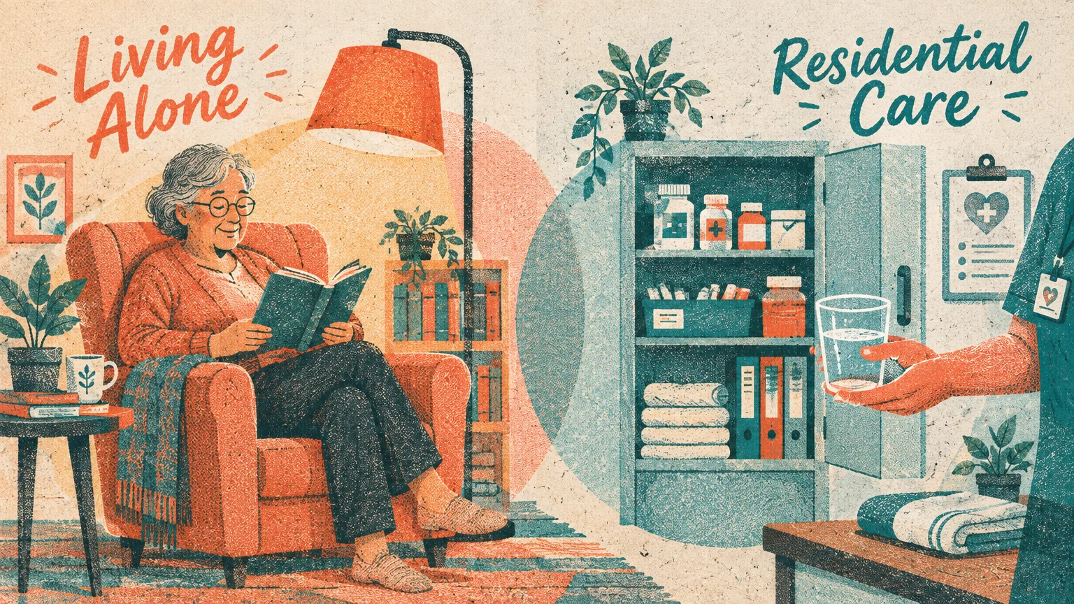 Split illustration showing an elderly woman reading in an armchair labeled Living Alone, beside a medical supply cabinet.