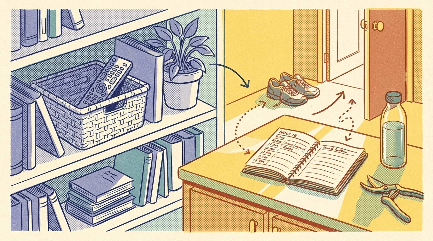 Illustration showing a TV remote in a basket on a bookshelf near walking shoes, an open daily planner, and a doorway.