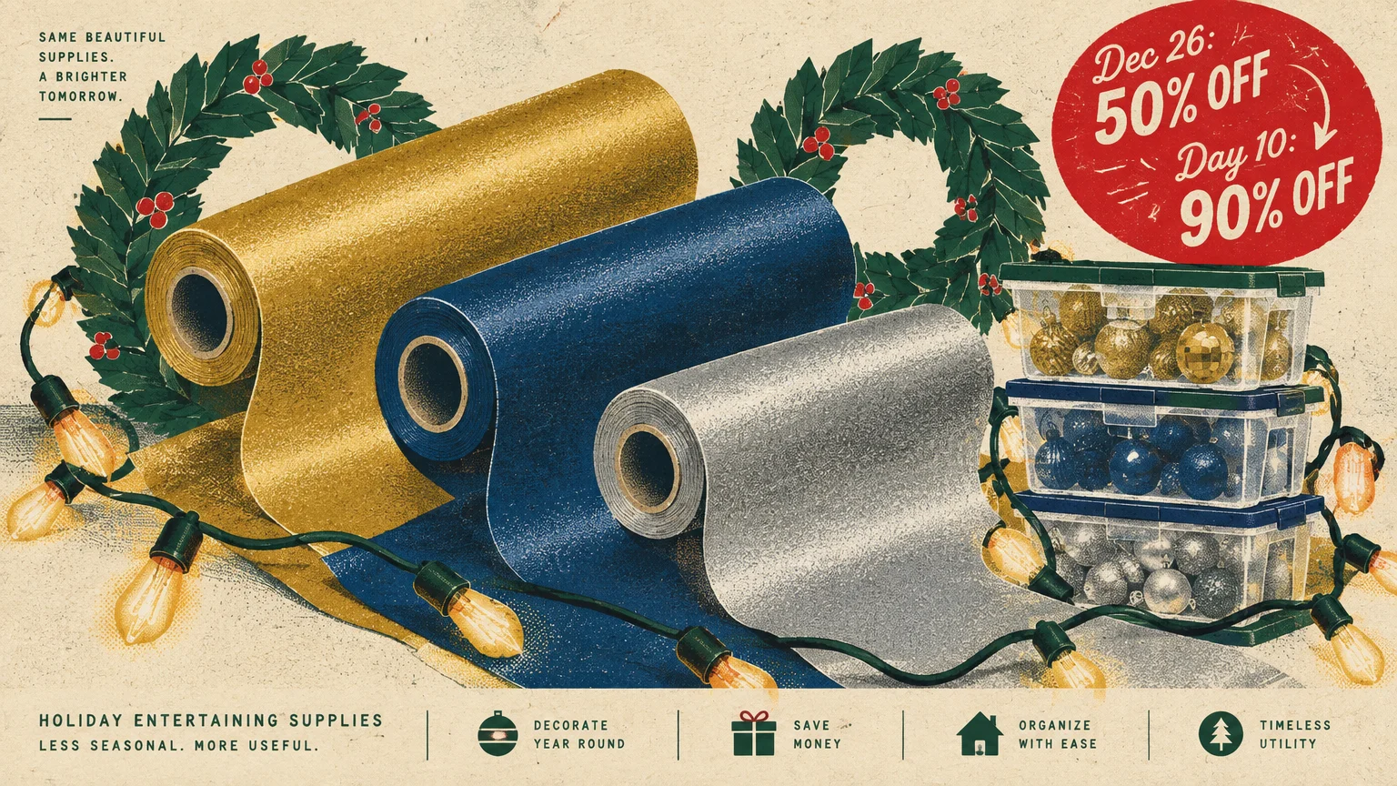 Illustration of wrapping paper rolls, wreaths, lights, and ornament bins with text showing markdowns from 50% to 90% off.
