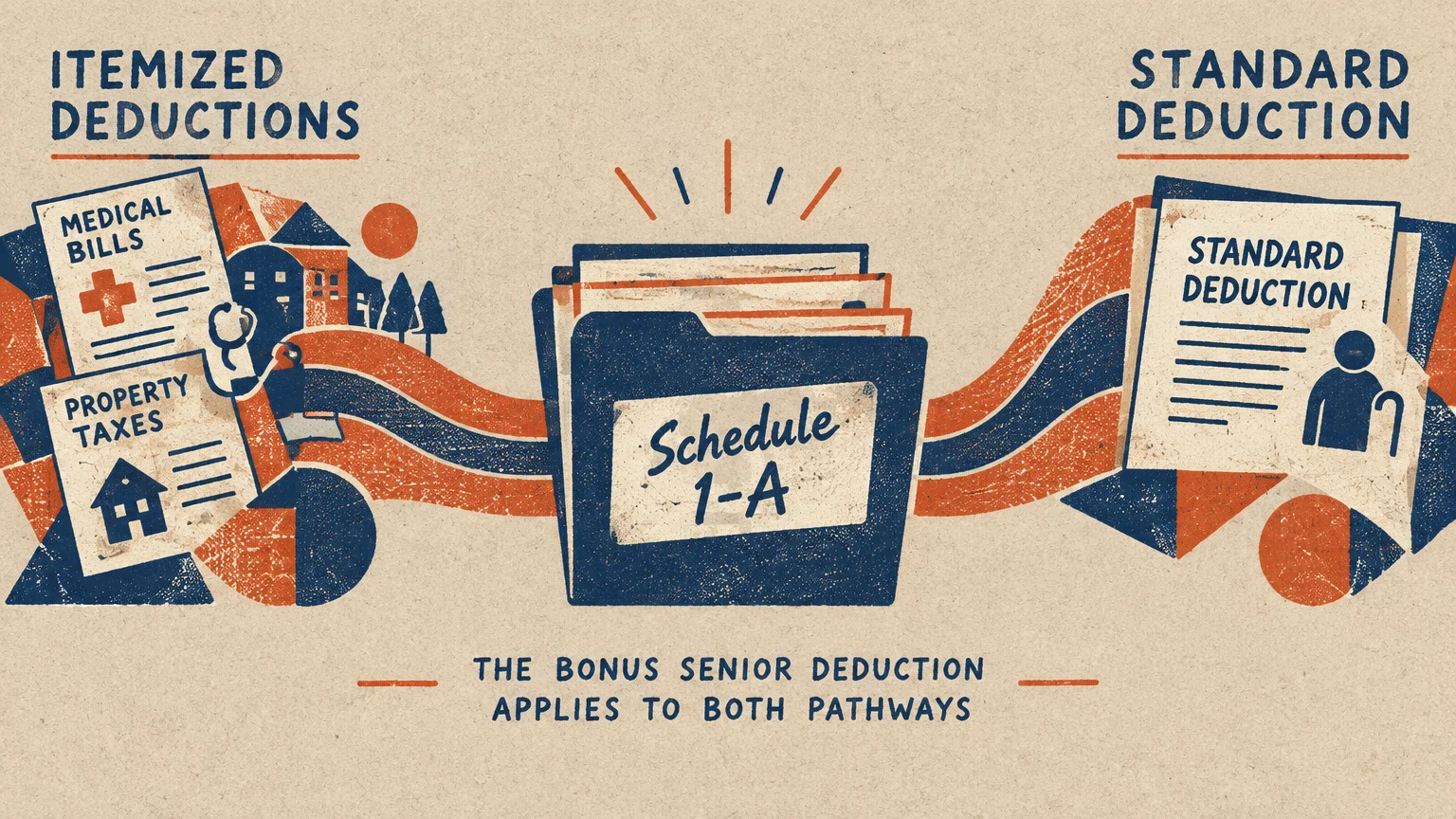 Illustration of a Schedule 1-A file folder between itemized deduction papers and a standard deduction form.