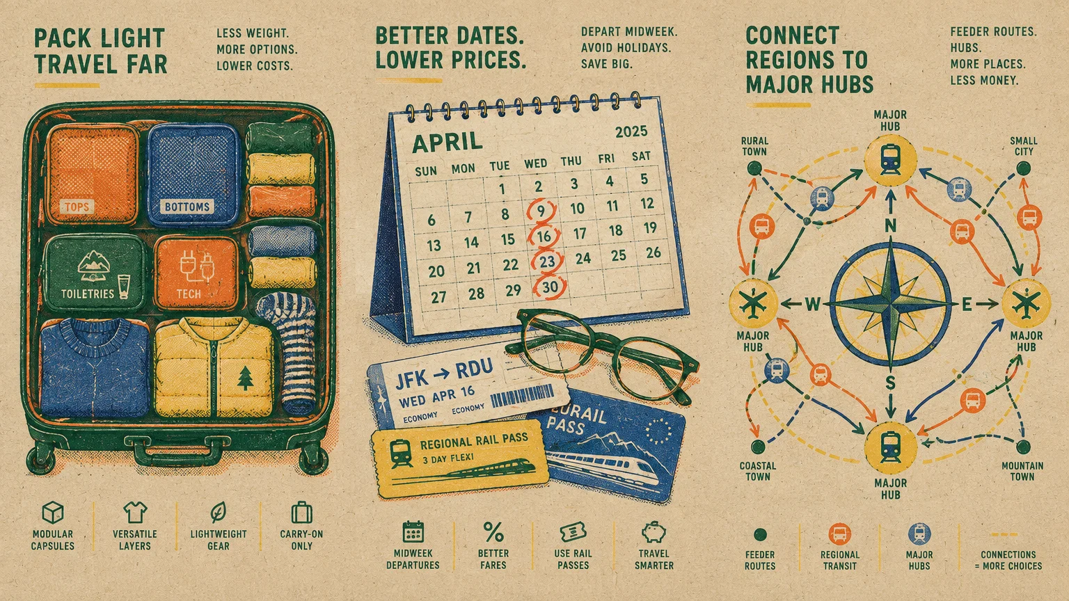 Infographic showing an organized suitcase, an April calendar with tickets and glasses, and a regional transit map.