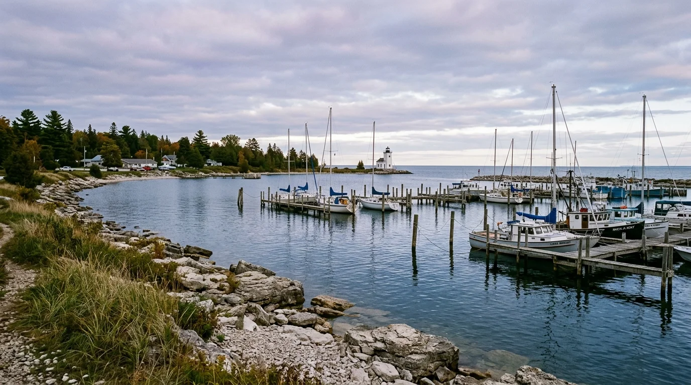 Harbor marina with docked sailboats and fishing boats beside a rocky shoreline and a white lighthouse under a cloudy sky.