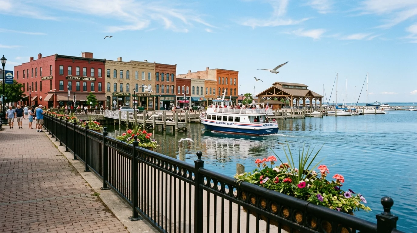 Waterfront promenade overlooking historic downtown buildings, docked sailboats, and a passenger ferry on a sunny day.