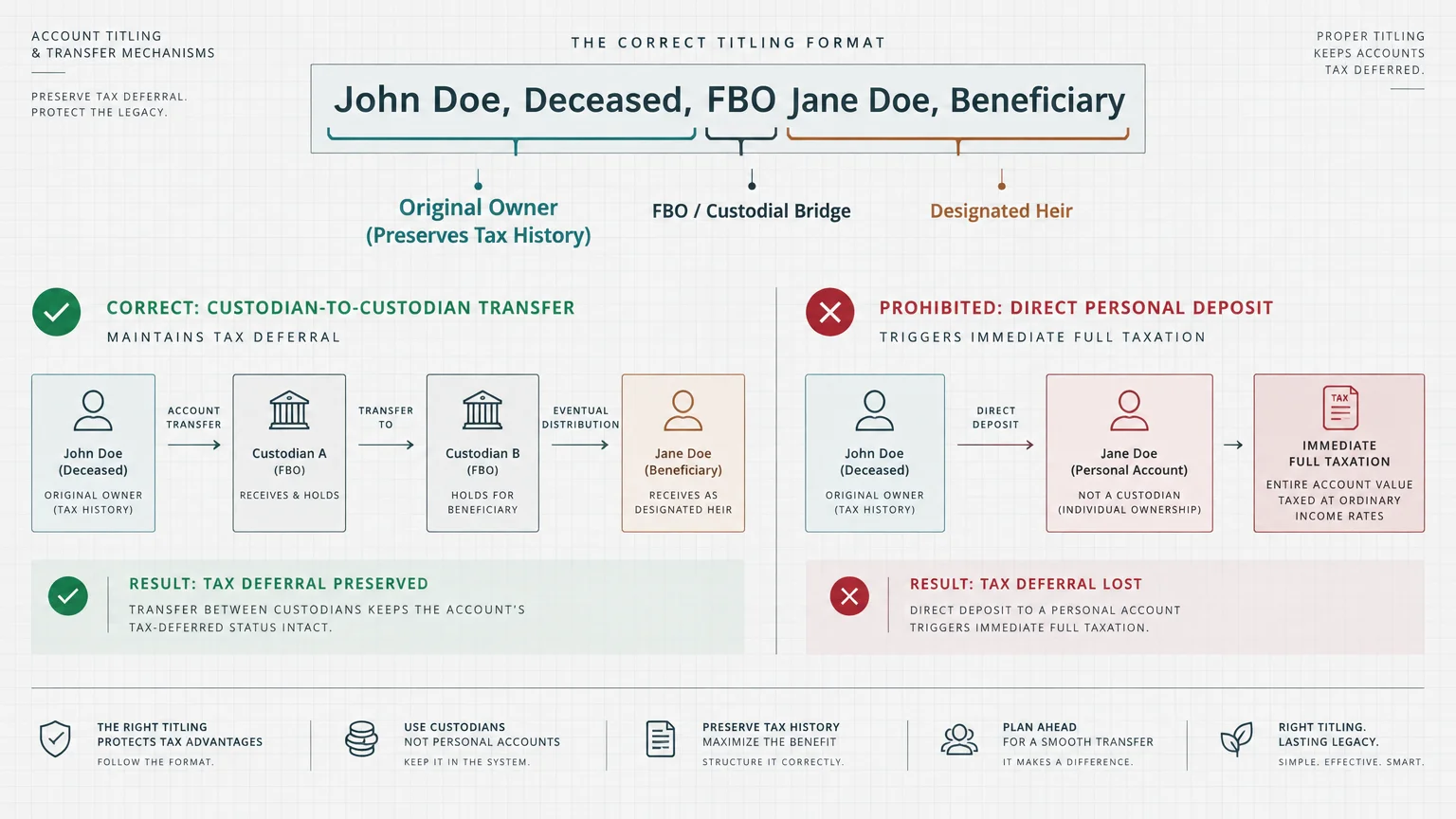 Diagram showing correct account titling format and contrasting a custodian-to-custodian transfer with a direct deposit.