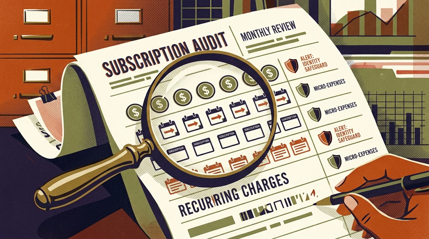Magnifying glass over a document titled Subscription Audit listing recurring charges and icons, with a hand holding a pen.
