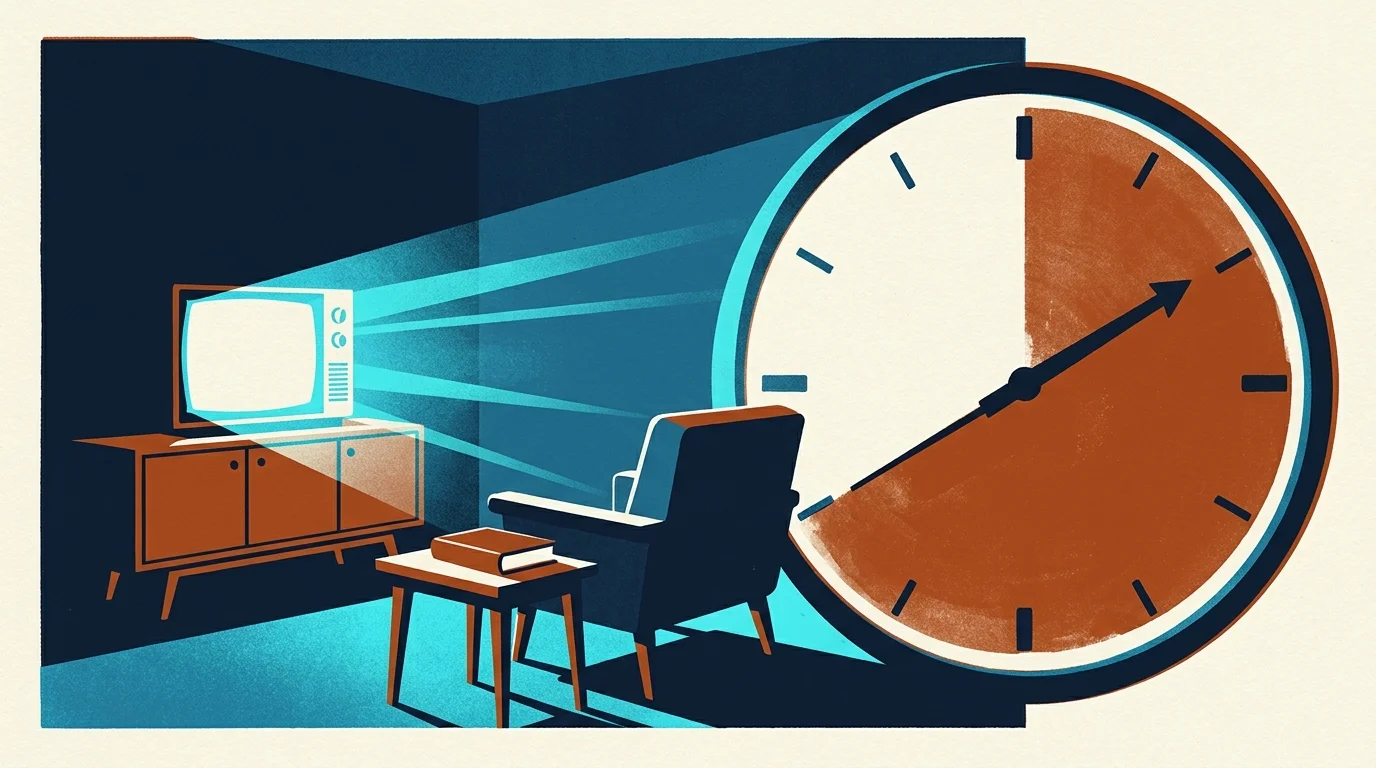 Illustration of an armchair facing a glowing retro television beside a large clock with a shaded section.