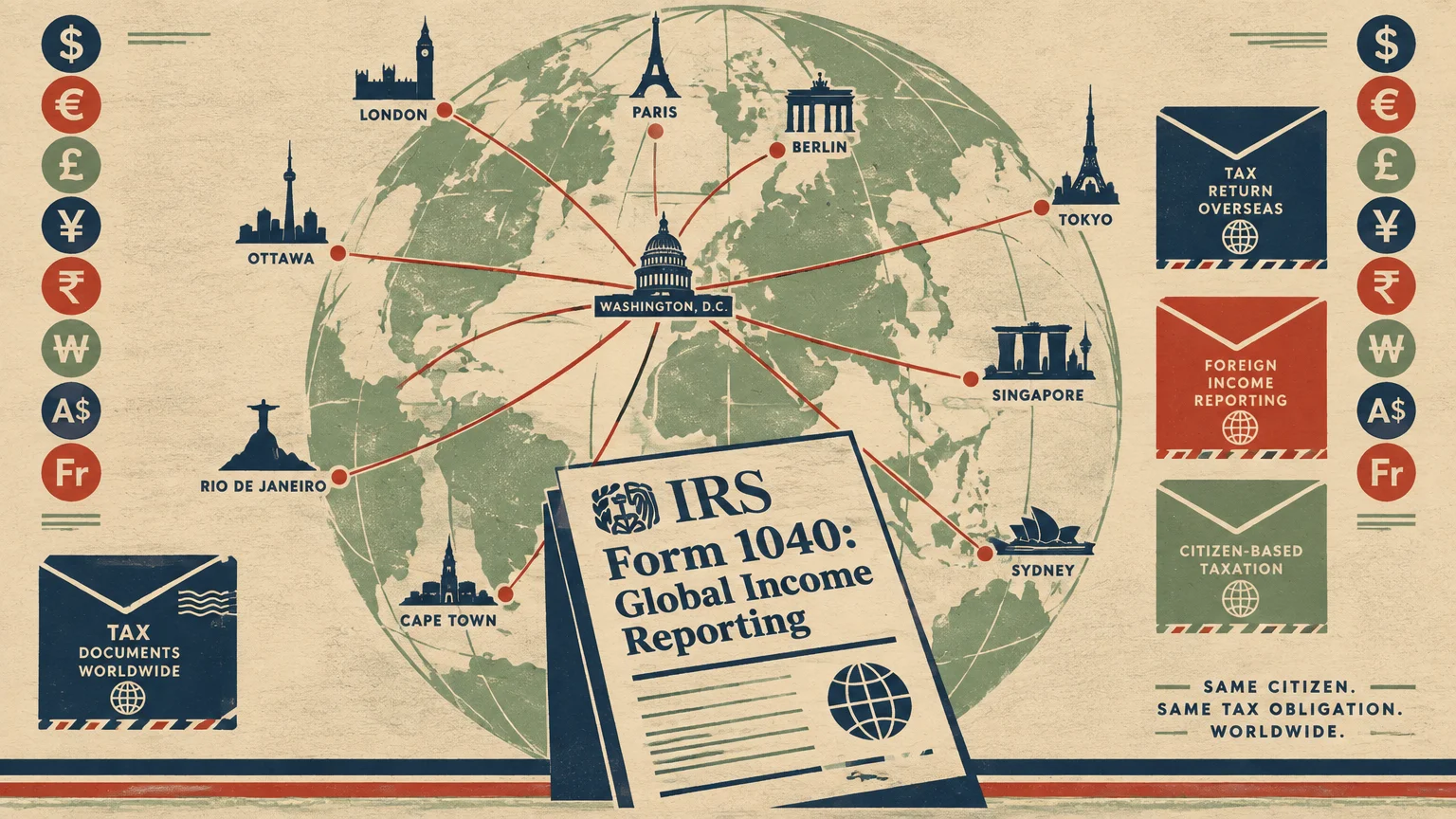 Illustration of a globe connected from Washington, D.C. to global cities, with an IRS Form 1040 and airmail envelopes.