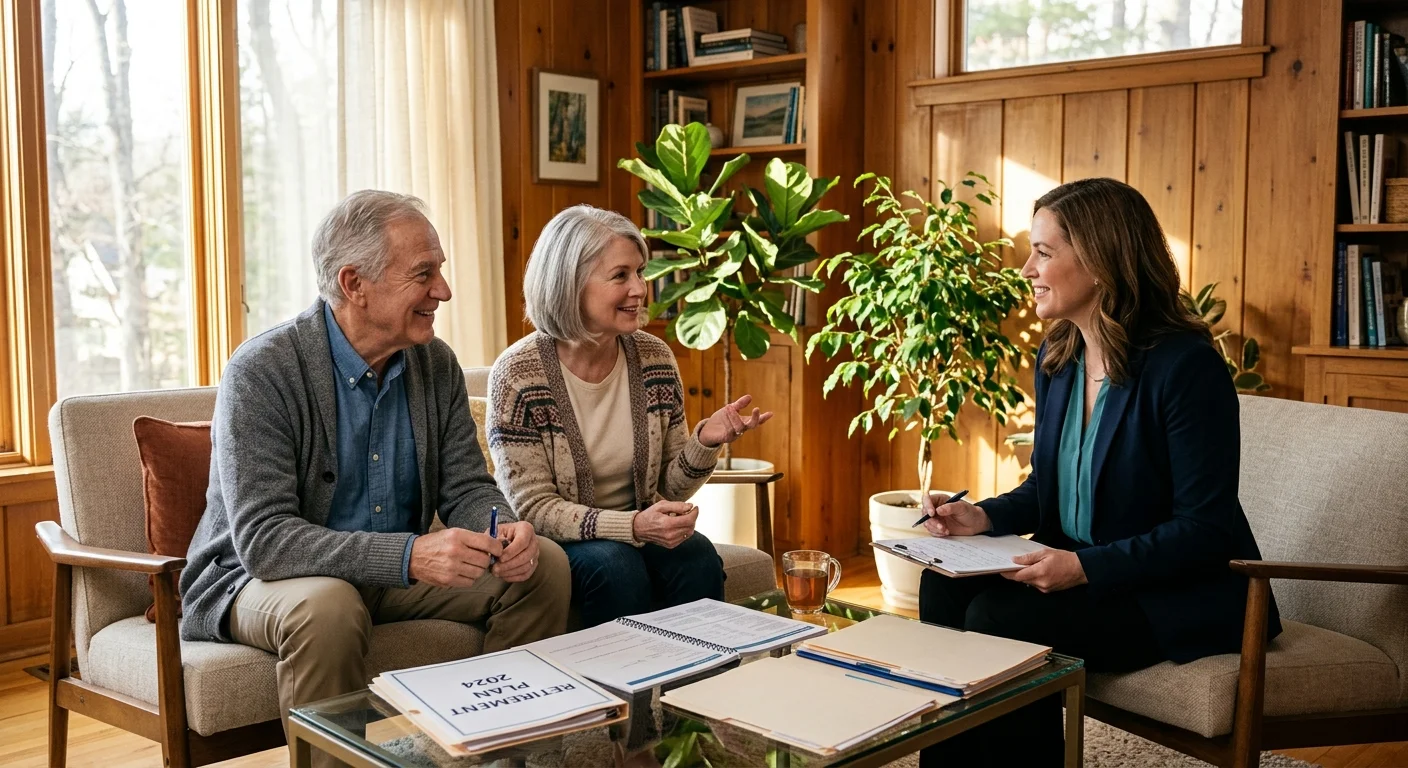 Senior couple sitting on a couch and speaking with a female financial advisor holding a clipboard in a sunlit room.