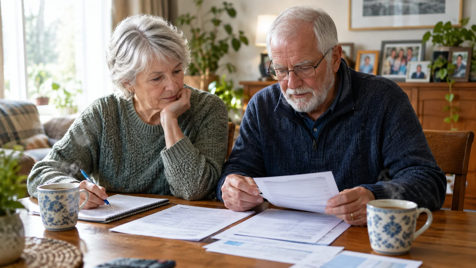 An older couple sitting at a wooden dining table reviewing paperwork and bills together with coffee mugs nearby.