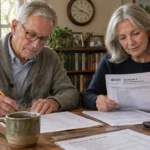 Older man writing with a pencil and woman reviewing an IRS Schedule A tax form at a wooden table with a calculator.