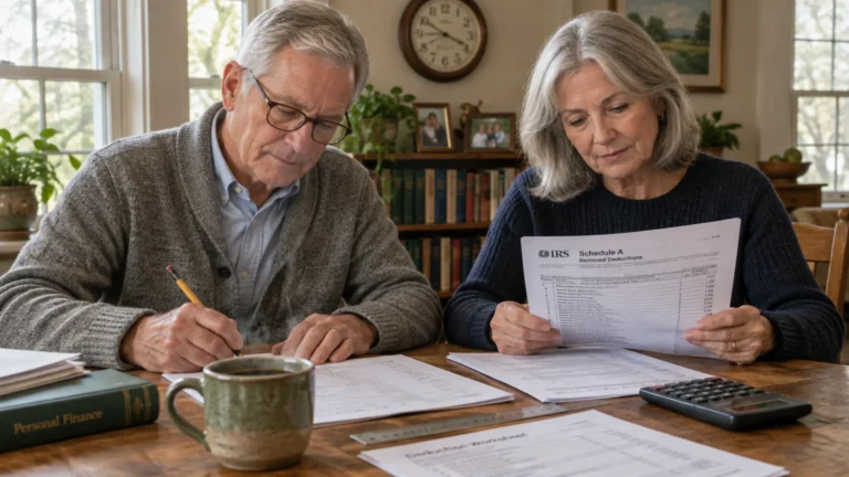 Older man writing with a pencil and woman reviewing an IRS Schedule A tax form at a wooden table with a calculator.