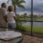 Older couple standing on a screened patio looking at a lake under storm clouds, with bills on a table in front.