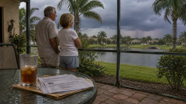Older couple standing on a screened patio looking at a lake under storm clouds, with bills on a table in front.