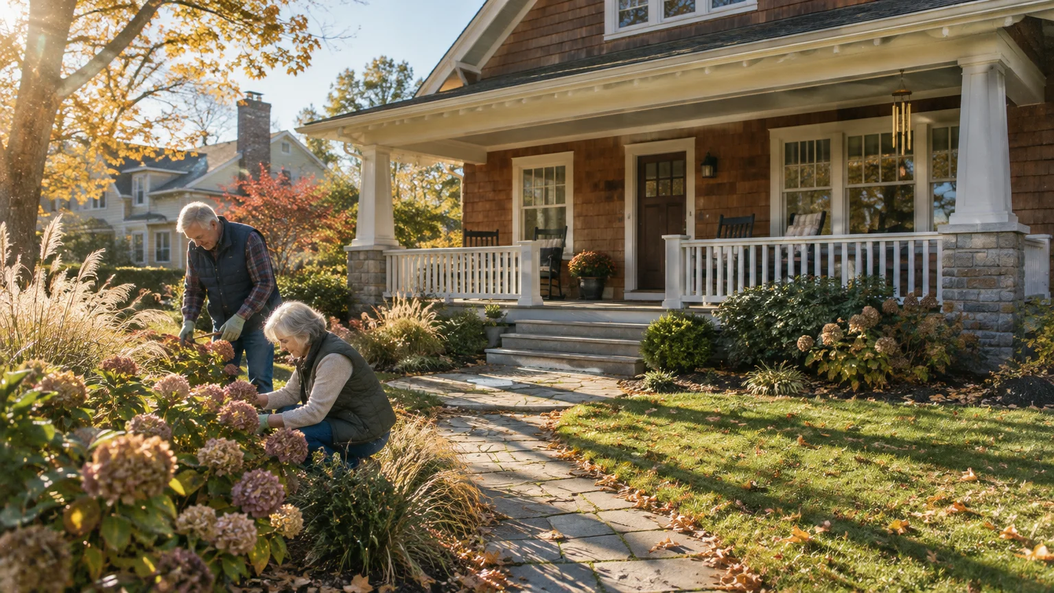 Older couple tending to flower beds in the front yard of a craftsman-style house on a sunny autumn day.