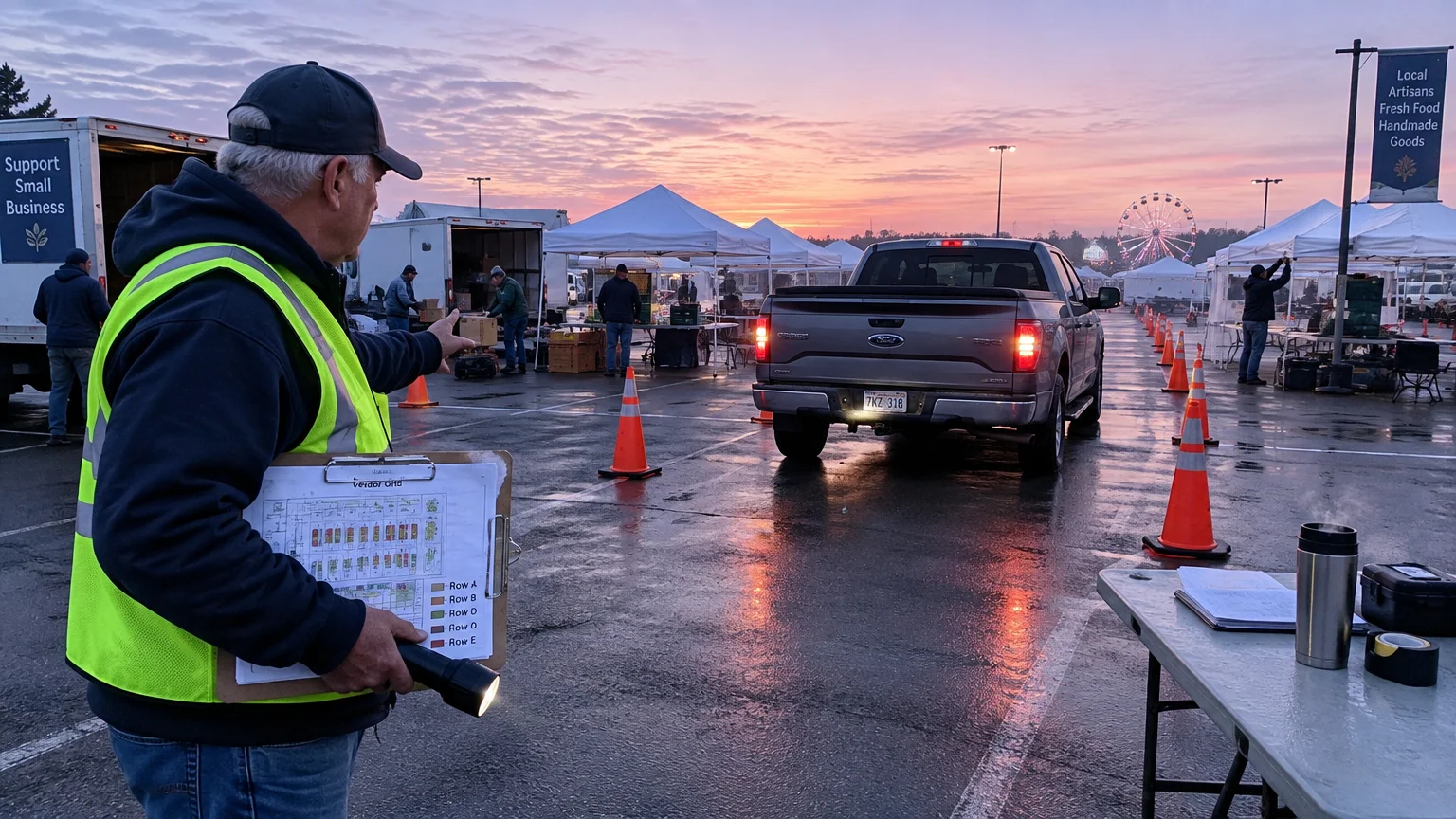 A man in a high-visibility vest holds a clipboard and flashlight, directing a pickup truck in a wet parking lot at dawn.