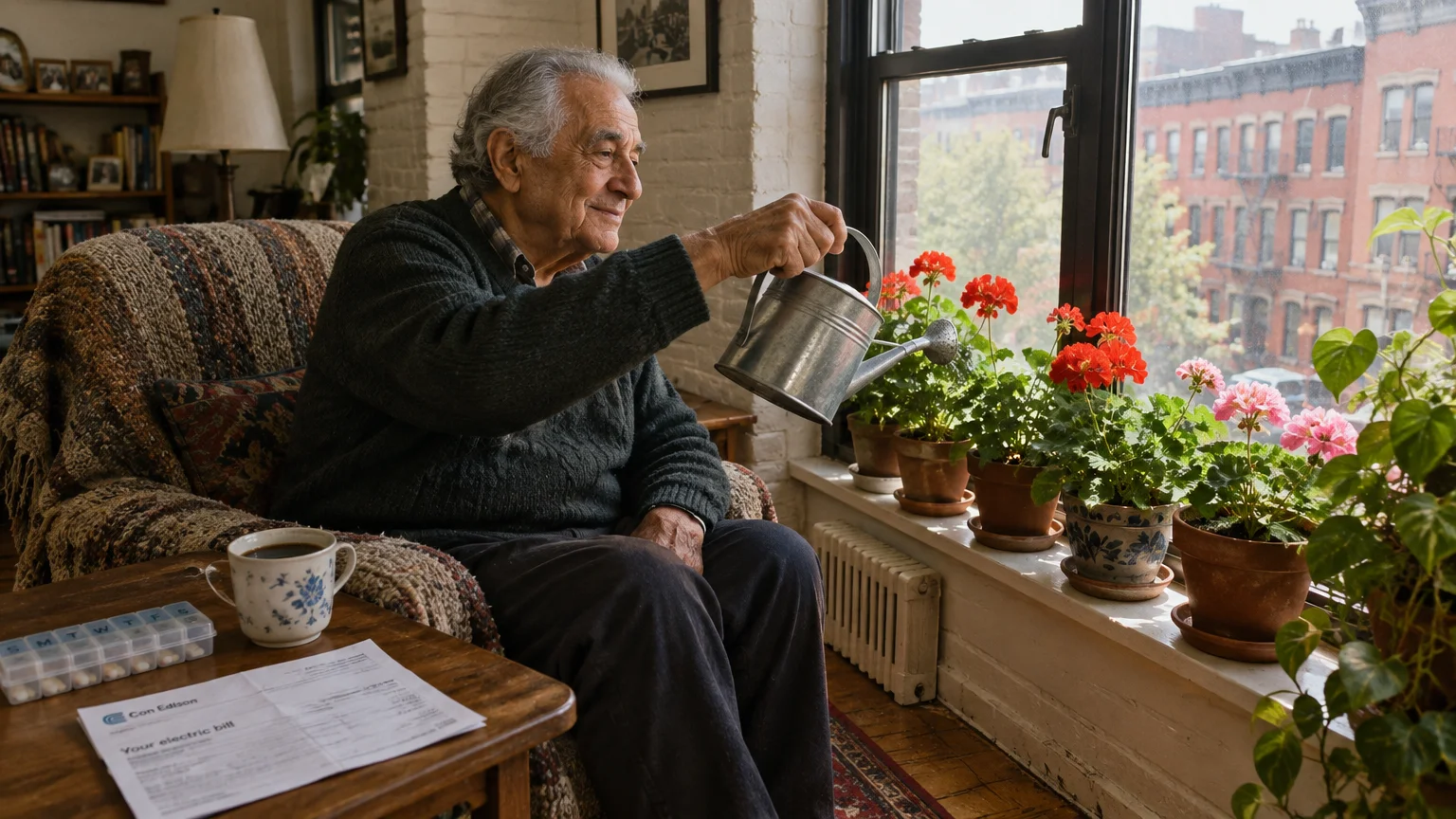 An elderly man sits in an armchair watering potted red flowers on a windowsill overlooking city brownstones.
