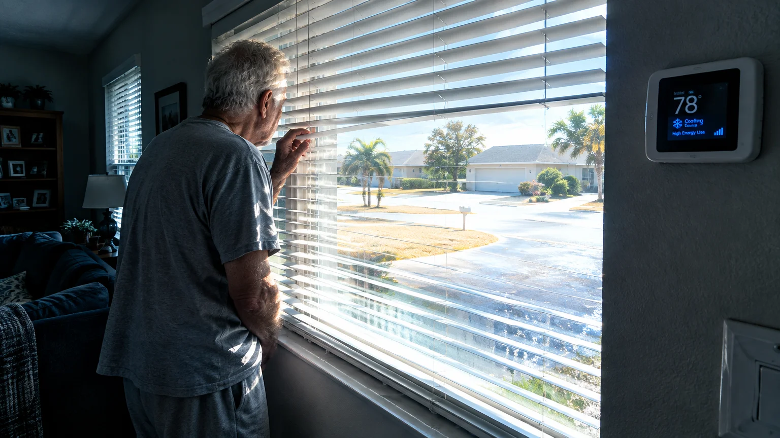 A man looks through window blinds at a sunny suburban street next to a digital thermostat displaying 78 degrees.