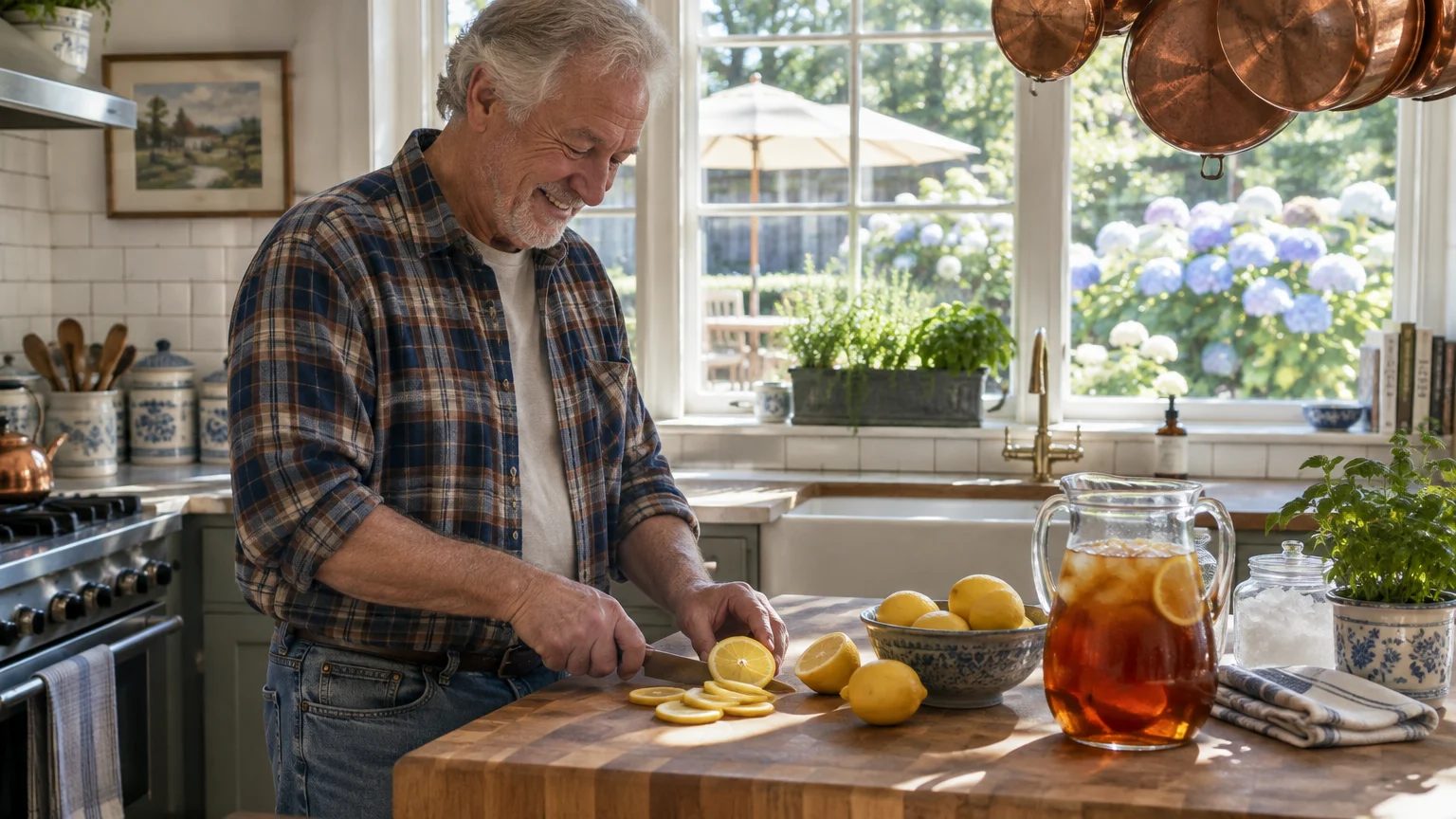 Smiling older man slicing lemons on a butcher-block island in a bright, sunlit kitchen with a pitcher of iced tea.