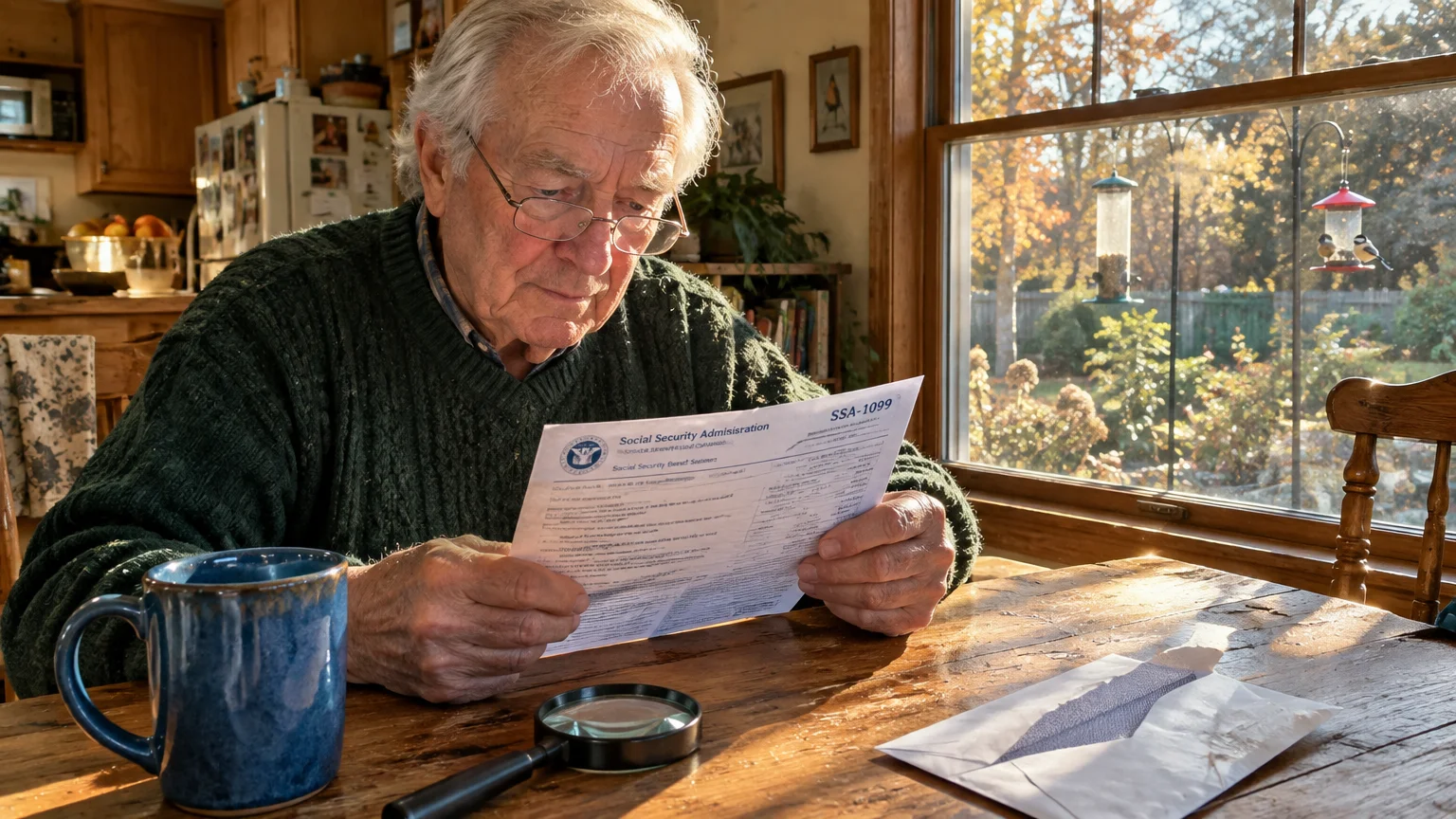 Senior man wearing glasses sits at a wooden table reading an SSA-1099 Social Security document near a sunny window.