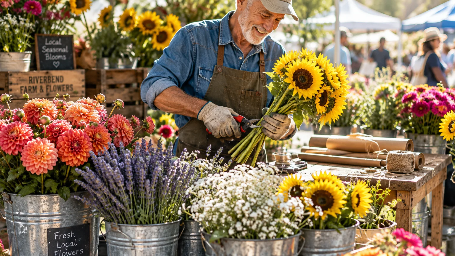 A senior man in an apron trims sunflower stems at an outdoor farmers market stall surrounded by buckets of colorful blooms.