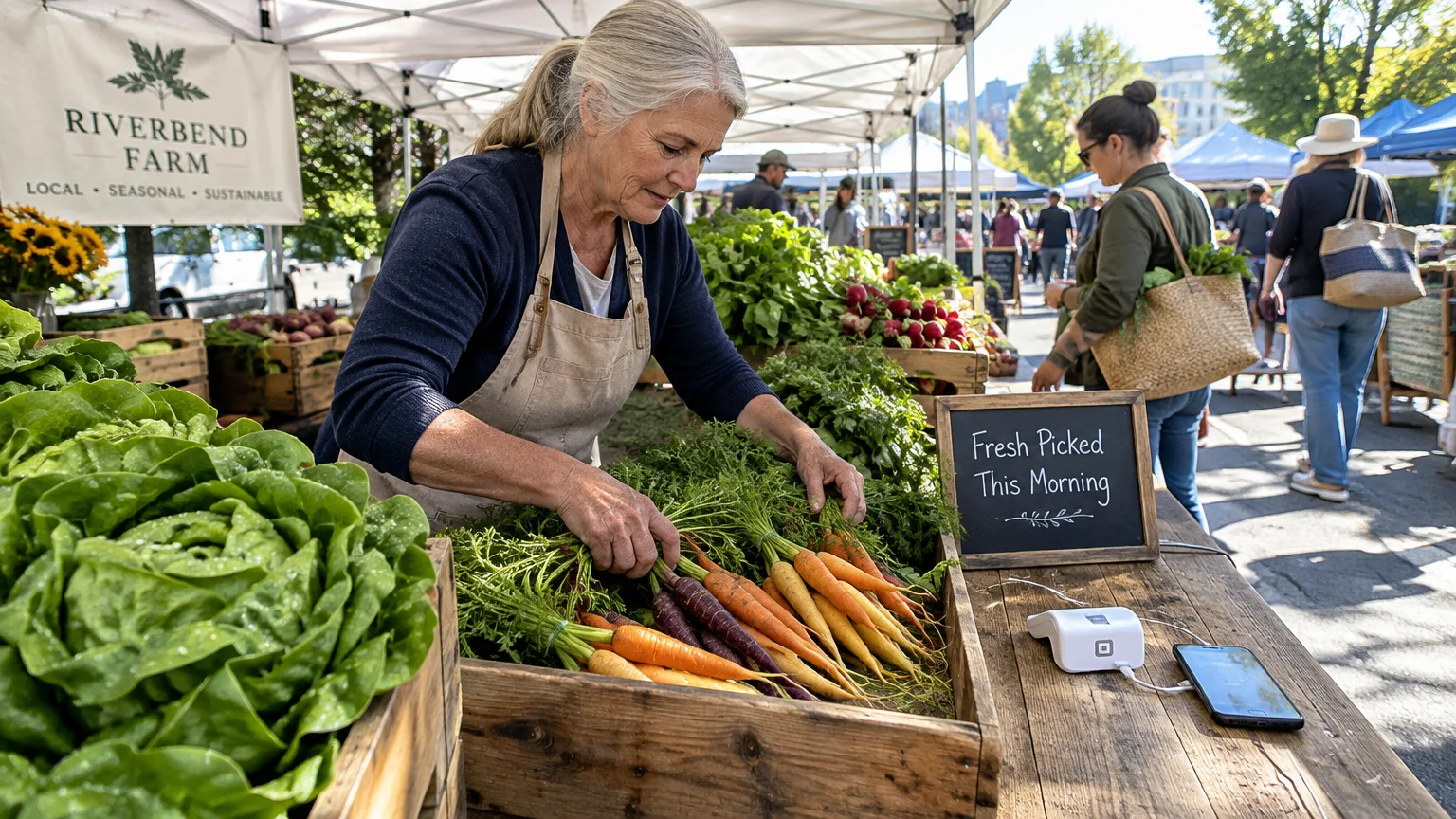 Senior woman in an apron arranges fresh carrots at an outdoor farmers market booth with produce crates.