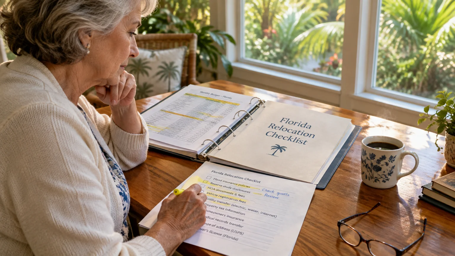 A senior woman reviews a Florida relocation checklist and budget binder at a sunlit wooden table with coffee.