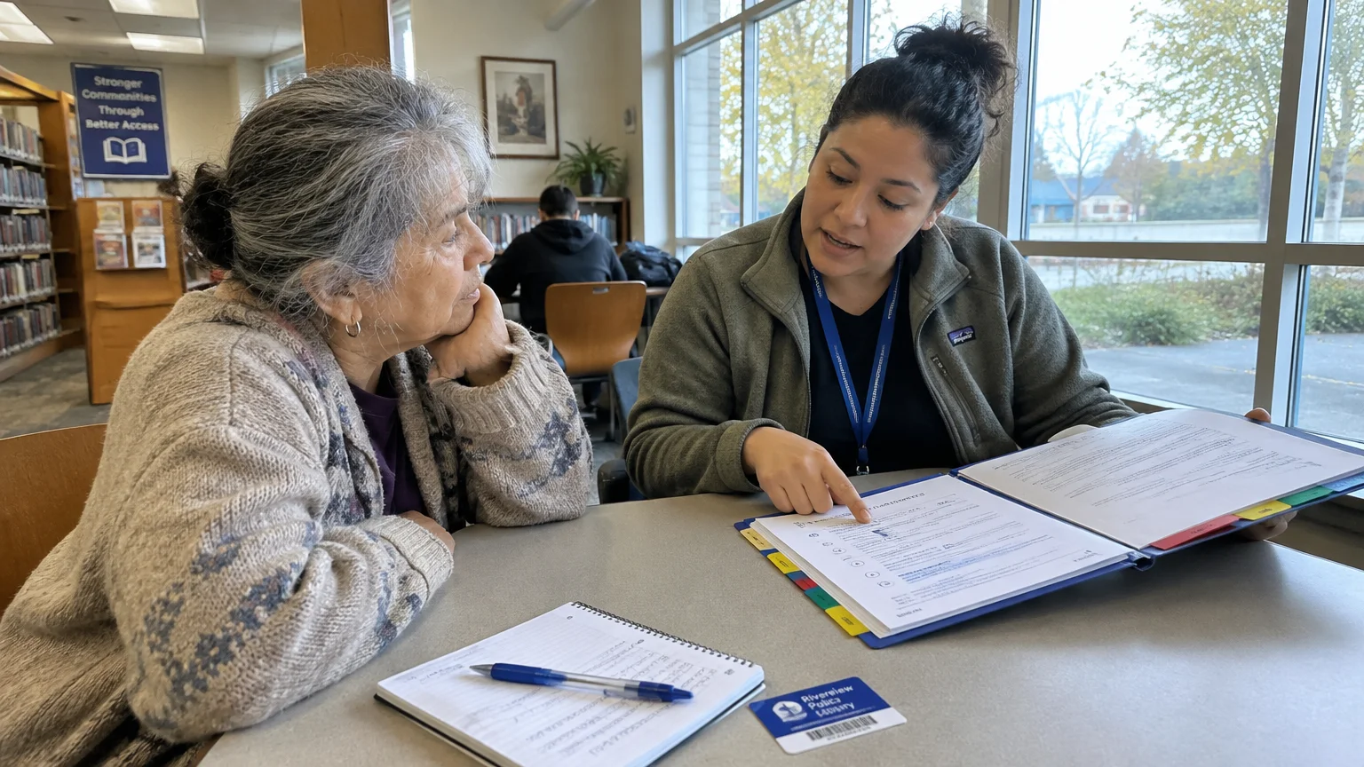 A woman in a library points to documents in a binder while explaining details to a senior woman sitting beside her.