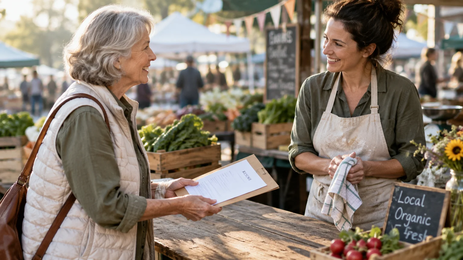 A senior woman hands a clipboard with a resume to a smiling vendor wearing an apron at an outdoor farmers market stall.