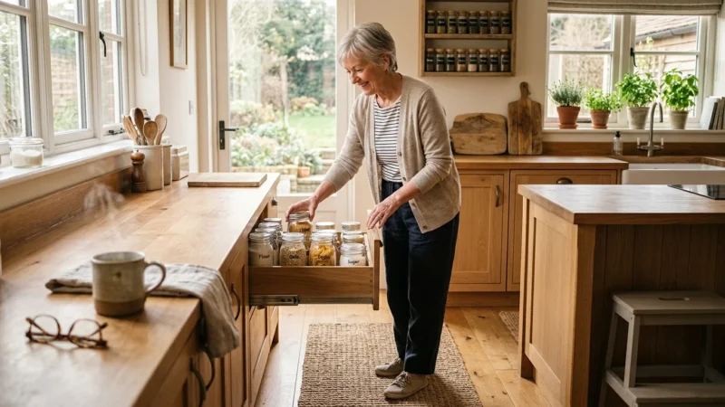 A smiling senior woman reaches into a wooden pull-out drawer filled with labeled food jars in a sunlit kitchen.