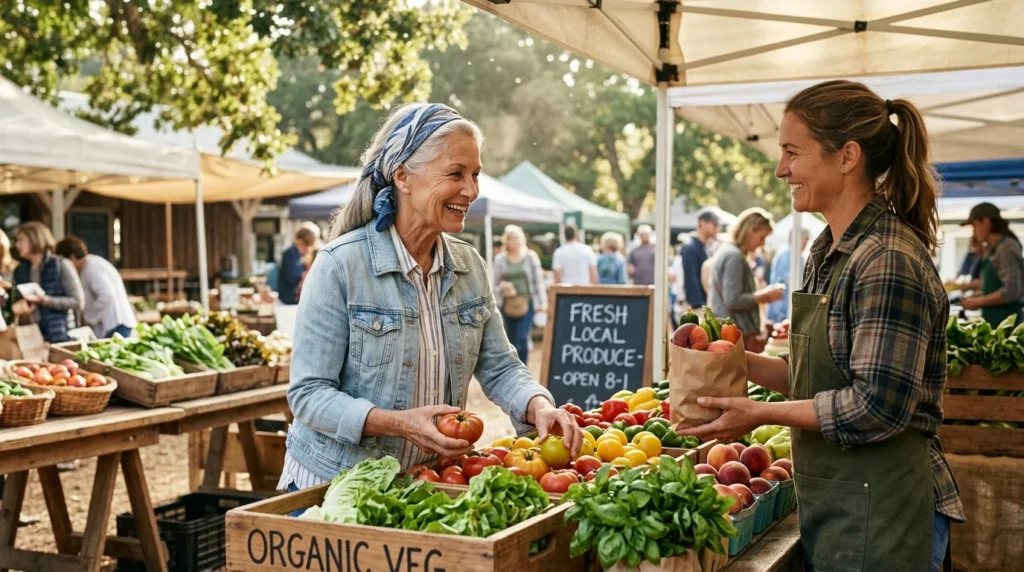 A smiling senior woman buys fresh vegetables from a vendor at a bustling outdoor farmers market.