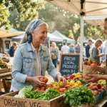A smiling senior woman buys fresh vegetables from a vendor at a bustling outdoor farmers market.