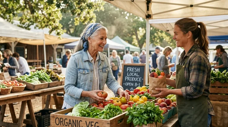 A smiling senior woman buys fresh vegetables from a vendor at a bustling outdoor farmers market.