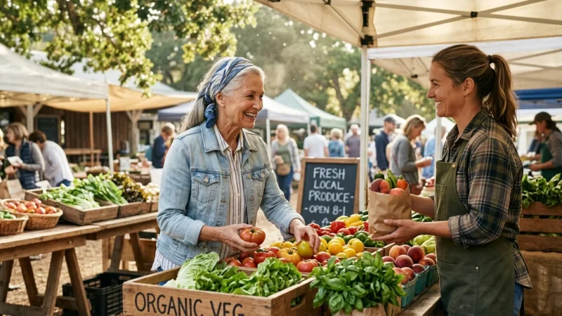 A smiling senior woman buys fresh vegetables from a vendor at a bustling outdoor farmers market.
