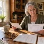 A senior woman sits at a wooden dining table reviewing a monthly checking statement alongside a notebook and coffee mug.
