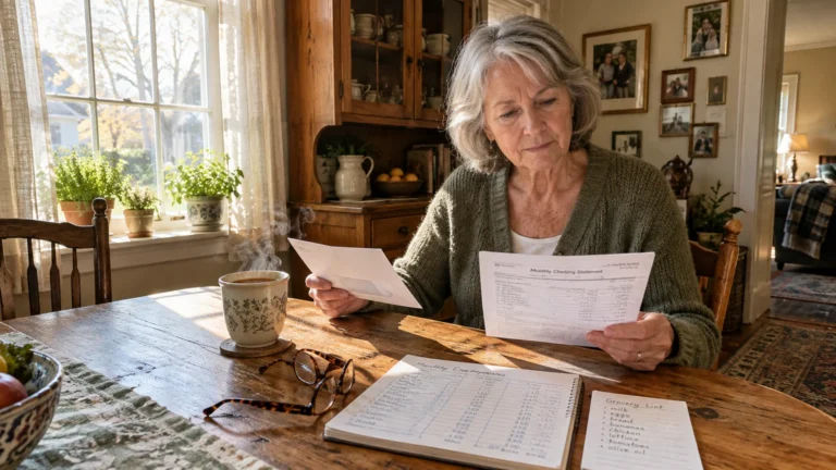 A senior woman sits at a wooden dining table reviewing a monthly checking statement alongside a notebook and coffee mug.