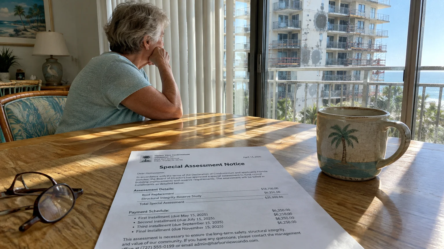 Woman looks out a window at a building undergoing repairs, with a special assessment notice on the table.