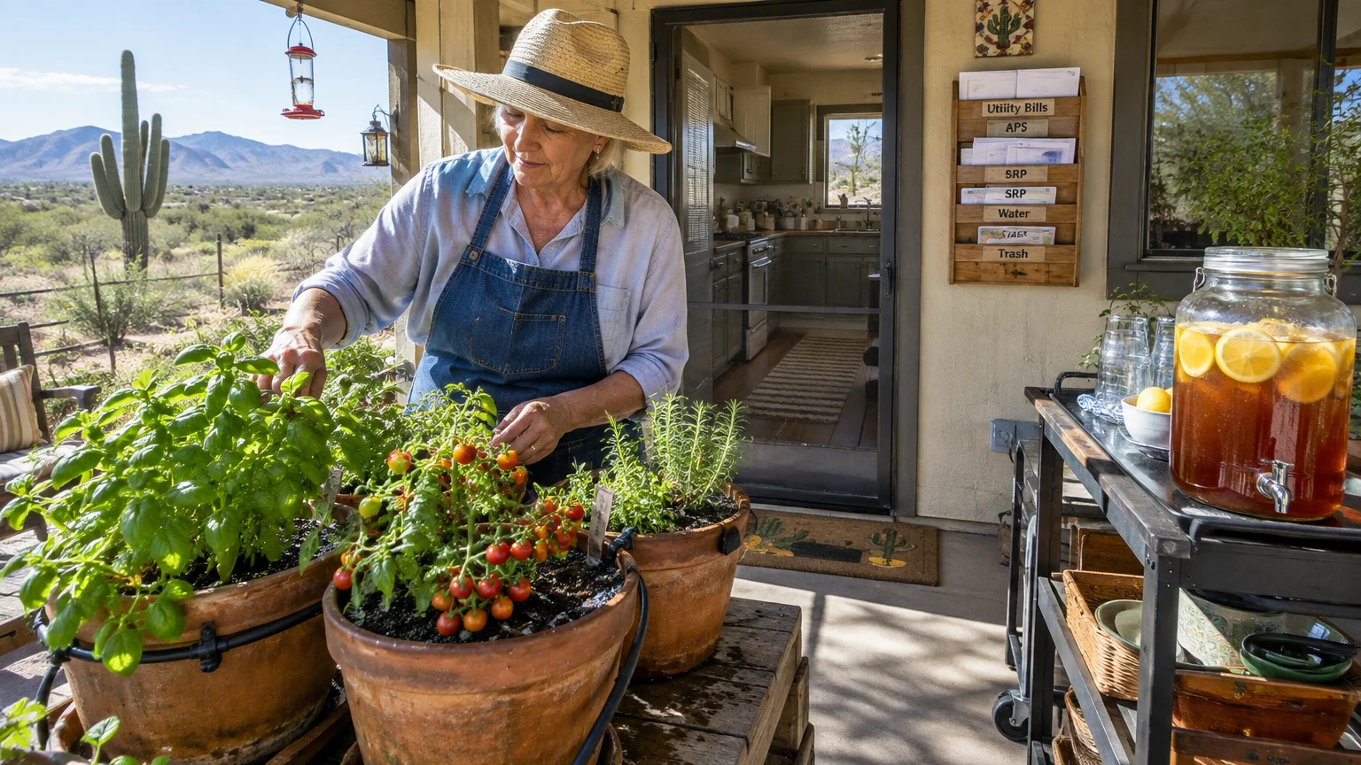 Woman in straw hat and apron tending potted herbs and tomatoes on a desert porch with a dispenser of iced tea.