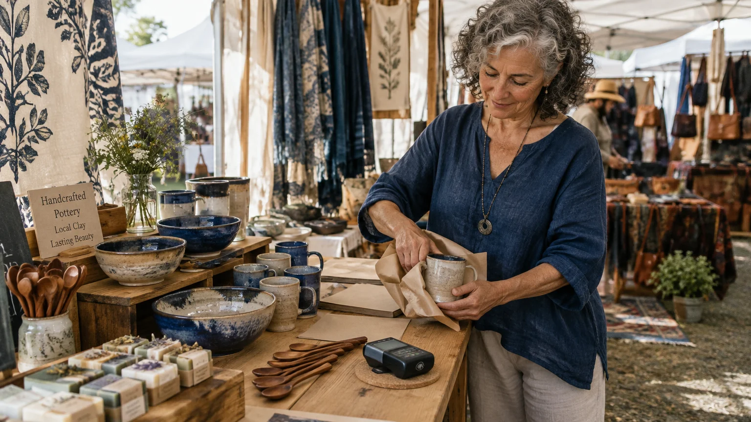 A smiling woman wraps a ceramic mug in brown paper at an outdoor artisan booth displaying pottery and wooden spoons.