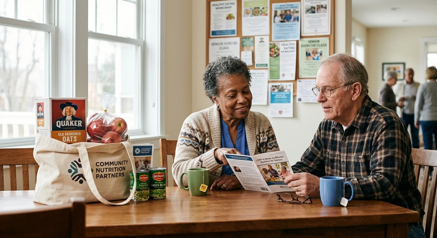 Two older adults sit at a wooden table reading a food assistance pamphlet next to a tote bag filled with groceries.