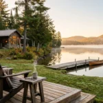 Adirondack chairs on a wooden deck overlooking a misty lake with a dock, canoe, and lakeside cabin at sunrise.