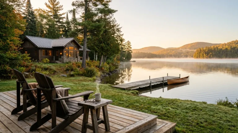 Adirondack chairs on a wooden deck overlooking a misty lake with a dock, canoe, and lakeside cabin at sunrise.
