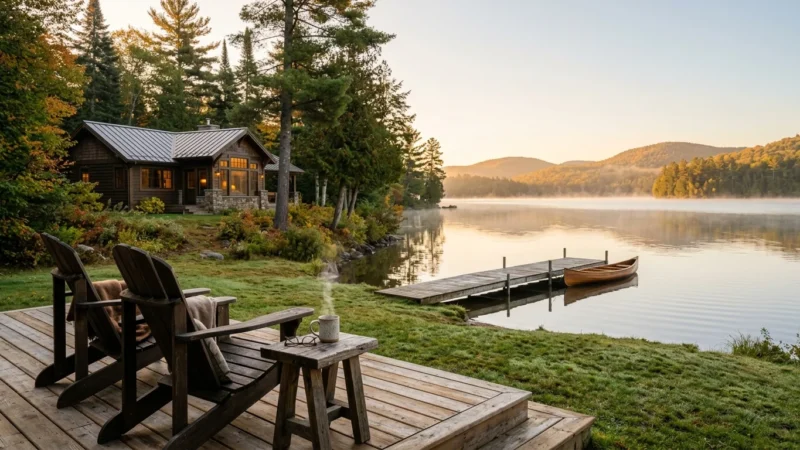 Adirondack chairs on a wooden deck overlooking a misty lake with a dock, canoe, and lakeside cabin at sunrise.